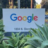 Google's multicolor logo on a sign surrounded by green succulent plants. Cars are parked in the background.